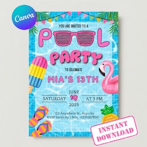 Modello di invito modificabile per festa in piscina, compleanno estivo tropicale, invito fai da te per festa in piscina, invito 5x7, occhiali da sole