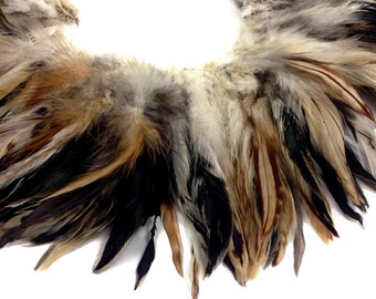 4 Inch Strip - Natural Cream & Black Strung Rooster Schlappen Feathers Prom Halloween Craft Supply : 468