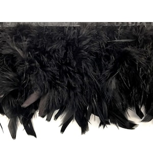 May include: Black feather trim with a black satin backing. The trim is approximately 2 inches wide and is made of soft, fluffy feathers.