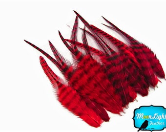 Rooster Feathers, 1 Dozen - SHORT RED Grizzly Rooster Hair Extension Feathers : 406