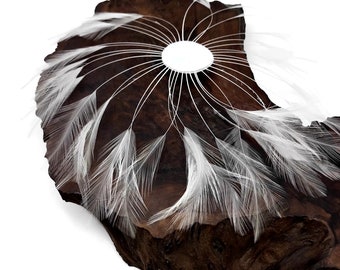 Feather Fan, 1 Piece - White whole Beaded Pinwheel Stripped Rooster Hackle Feather Plates : 2192