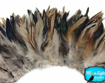 Rooster Feathers,4 Inch Strip - NATURAL CREAM and BLACK Strung Rooster Schlappen Feathers : 468