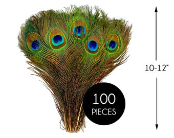 USA Seller, 100 Pieces - 10-12" Natural  Iridescent Green Peacock Tail Eye Wholesale Feathers (Bulk) Halloween Wedding Costume Supply : 1314