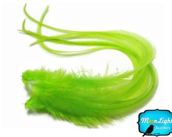 Neon Feathers, 6 Pieces - SOLID LIME Thick Long Rooster Hair Extension Feathers : 180