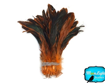 Long Orange Feathers, 1/2 Yard - ORANGE Half Bronze Coque Tail Strung Wholesale feathers (bulk) : 3784