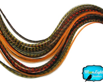 Hair Feathers, 12 Strands - WARM MIX Thin Long Grizzly Rooster Hair Extension Feathers : 181