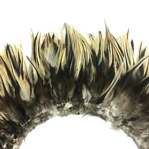 May include: A brown and tan feather trim with a circular shape. The feathers are arranged in a radial pattern, creating a fluffy and textured look.