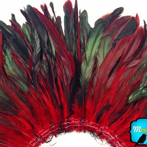 Rooster Tail Feathers, 2.5 Inch Strip - RED Half Bronze Coque Tail Strung feathers: 524