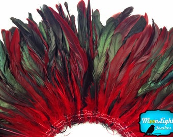 Rooster Tail Feathers, 2.5 Inch Strip - RED Half Bronze Coque Tail Strung feathers: 524