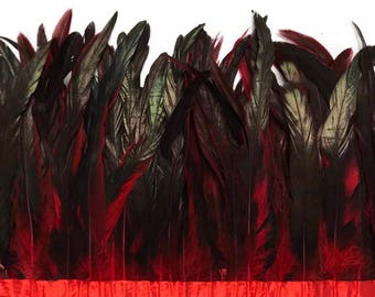 1 Yard - 10-12" Red Dyed Over Natural Coque Tails Long Feather Trim (Bulk) Halloween Costume Craft Supply : 4329