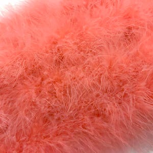 May include: A close-up of a soft, peach-colored feather boa. The boa is made of fluffy feathers and is perfect for adding a touch of glamour to any outfit.