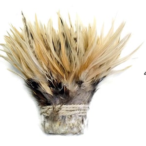 Peut inclure: Un bouquet de plumes naturelles, mesurant entre 10 et 15 cm de hauteur, attaché avec de la ficelle. Les plumes sont un mélange de beige, de marron et de noir, créant un aspect texturé. Idéal pour les projets d'artisanat ou la décoration.