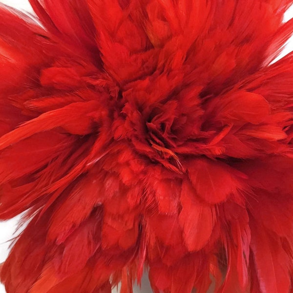 4 Inch Strip - Red Bleached & Dyed Strung Rooster Schlappen Feathers Mardi Gras Halloween Costume Supply : 3273