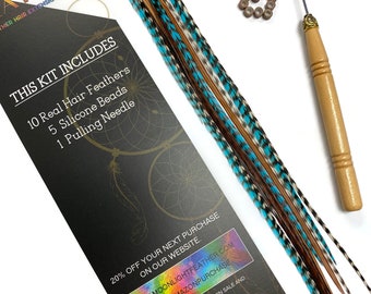 Blue Mix - 10 Pieces Hair Feather Extension Starter Kit with Pulling Needle & Silicone Beads Fly Tying Rooster Saddle : 5096