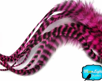 Pink Hair Feathers, 6 Pieces - HOT PINK Thick Long Grizzly Rooster Hair Extension Feathers : 475