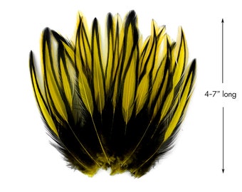 Rooster Feathers, 10 Pieces - Sunshine Yellow Dyed BLW Laced Long Rooster Cape Whiting Farms Feathers : 2205