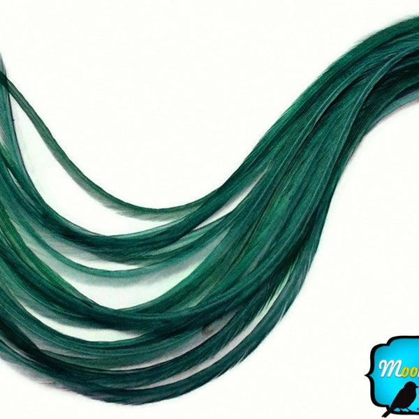 Hair Feathers, 6 Pieces - XL Solid Peacock Green Thin Extra Long Rooster Hair Extension Feathers : 214