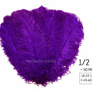 May include: A bunch of 50 purple ostrich feathers, approximately 18 to 24 inches long, or 45 to 60 centimeters. The feathers are arranged in a fan shape and are soft and fluffy. The text "MOONLIGHT FEATHER" and "1/2 LB" is visible in the image.