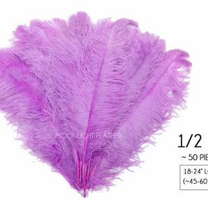 May include: A bunch of 50 lilac ostrich feathers, approximately 18 to 24 inches long, or 45 to 60 centimeters. The feathers are arranged in a fan shape and are soft and fluffy.