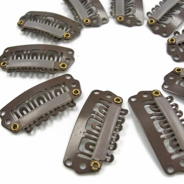 Suministros para pinzas para el cabello, 10 piezas - Clips para extensiones de cabello castaño en forma de U, 28 mm: 1072