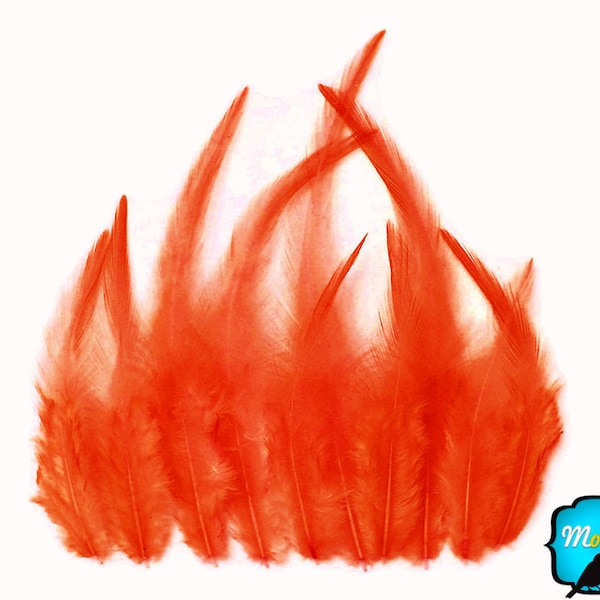 Rooster Feathers, 12 Pieces - Solid ORANGE Short American Rooster Hackle Hair Extension Feathers: 671