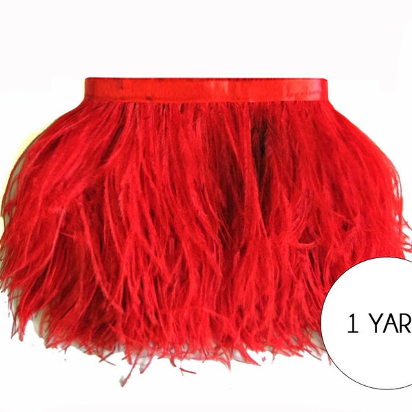 Red Ostrich Feathers, 1 Yard - Red Ostrich Fringe Trim Wholesale Feather (Bulk) : 2113
