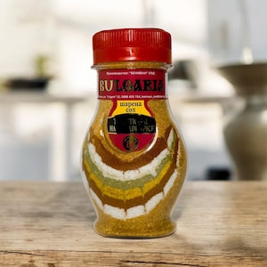 May include: A clear glass spice jar with a red plastic lid containing layered colorful spices. The label features the text BULGARIA, the Cyrillic text шарена сол, and the English text TRADITIONAL HANDMADE SPICE. The spices form a decorative pattern.