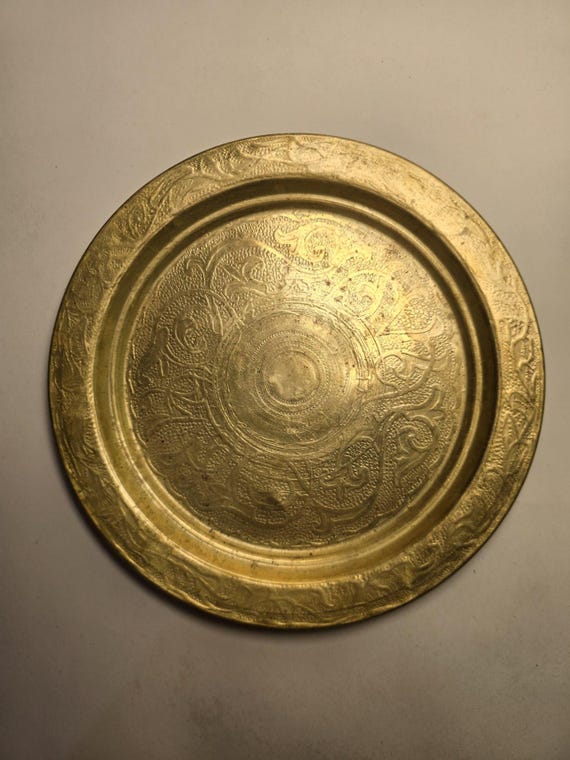 Vintage Middle Eastern Brass Plate Engraved Arabesque Decorative Dish Aged Patina Wall Decor