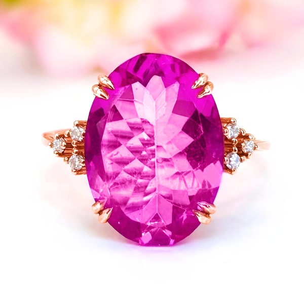 Pink Topaz Ring 14K Gold 5.40ct Oval Diamond Halo Statement Ring Gift for Her