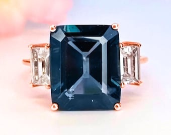 London Blautopas Ring 14K Gold 5.50ct Smaragdschliff Verlobungsring Jahrestag Geschenk für Sie