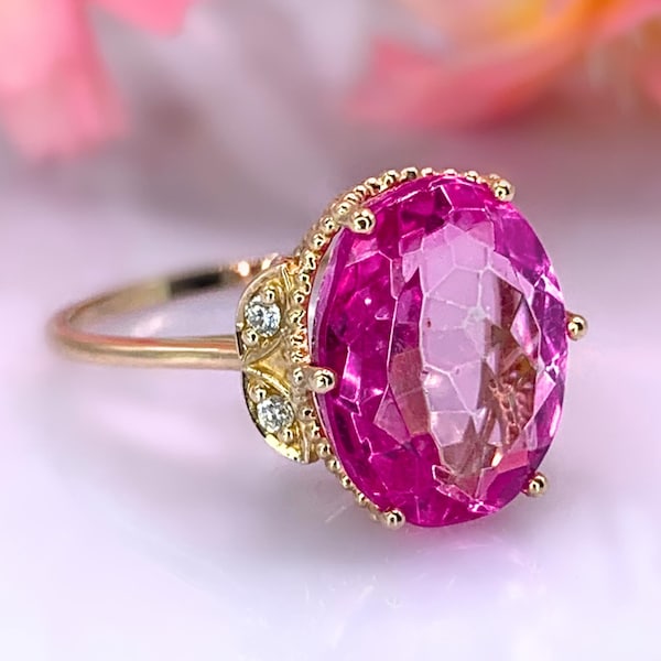Pink Topaz Ring 14K Gold Oval Topaz Crown Diamond November Birthstone Vintage Style Ring