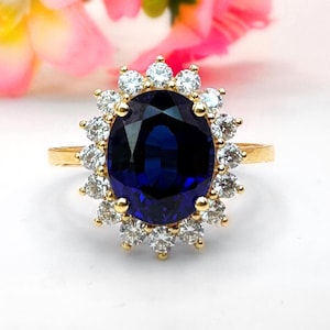 Oval Lab Created Sapphire 14k Solid Gold Engagement Rings For Women Blue Gemstone Ring Princess Diana Ring September Birthstone Promise Ring