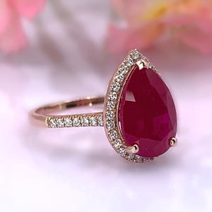 Ruby Ring 14K Gold Pear Ruby Ring Diamond Halo Engagement Ring Pigeon Blood Ruby Ring Anniversary Gift
