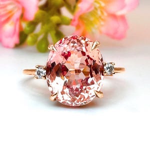 ピーチモルガナイトリング 14Kゴールド オーバルエンゲージリング（ダイヤモンド付き）