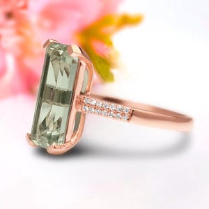 Green Amethyst Ring 10K/14K Rose Gold Emerald Cut Solitaire with Diamond Accent | Cocktail Statement Gemstone Ring for Women