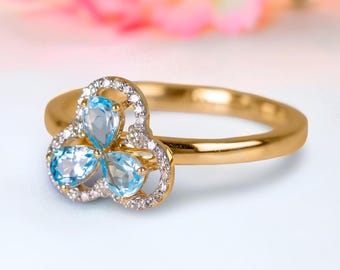 Aquamarine Cluster Ring 14K Solid Gold Pear Cut Aquamarine Diamond Halo Jewelry Gift For Her