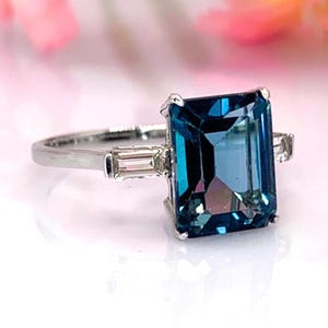 London Blue Topaz Ring 14K Gold 2.7ct Blue Topaz Diamond Baguette December Birthstone Ring