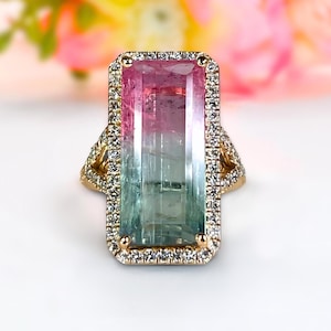Unique Watermelon Tourmaline & Diamond Ring, Solid 14k Yellow Gold Accent Ring, Minimalist Stacking Ring, Delicate Gemstone Women&#39;s Ring