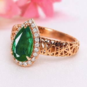 Smaragd Ring 14K Gold 1.31ct Pear Cut natürliche sambische Smaragd Diamant Halo Verlobungsring für Frauen