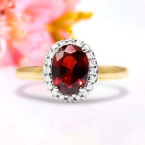 Garnet Ring 10K/14K Gold 1.20ct Oval Garnet Halo Diamond Ring January Birthstone Ring Fine Jewelry Gift for Her