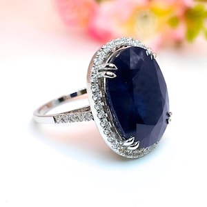 Vintage blauwe saffier verlovingsring, echte saffier prinses Diana ovaal geslepen 14k geelgouden diamanten ring, 15,75 kt blauwe saffierring.
