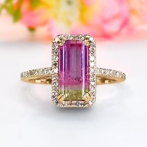 Bi-Color Tourmaline Ring with Natural Diamond Accents in 14k Solid Yellow Gold Emerald Cut Tourmaline Dainty Jewelry Fine Jewelry
