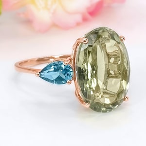 Green Amethyst Ring with London Blue Topaz in Solid 10K/14K Gold Handcrafted Statement Jewelry Personalized Gift Wedding Jewelry