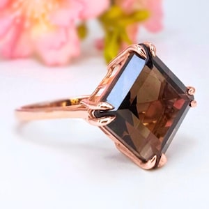 Smoky Quartz Ring 14K Gold Princess Cut Brown Quartz Ring 6.30ct Statement Ring for Women Unique Gold Jewelry Gift for Her