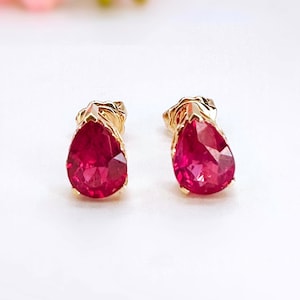 Ruby Stud Earrings 14K Gold 1.82ct Pear Natural Ruby Studs Wedding Anniversary Gift for Her