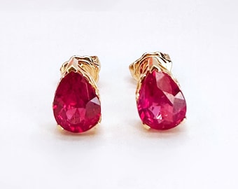 Ruby Stud Earrings 14K Gold 1.82ct Pear Natural Ruby Studs Wedding Anniversary Gift for Her