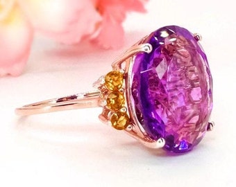 Amethyst Ring in 10K 14K Gold 6.70ct Natural Citrine Amethyst Solitaire Statement Ring February Birthstone Gift For Her