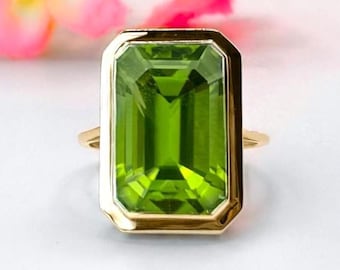 Peridot Ring 14K Gold Emerald Cut Bezel Set Statement Jewelry August Birthstone Ring Gift For Her