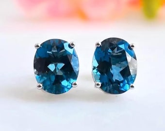 Orecchini a bottone con topazio blu di Londra, orecchini ovali in oro 14 carati con topazio blu di Londra per donna, gioielli con pietra portafortuna di dicembre, regalo per lei