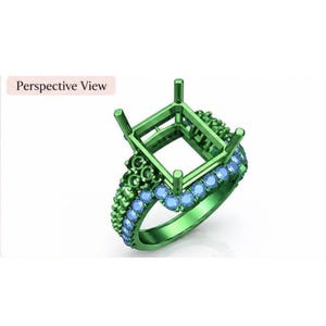 Puede incluir: Un engaste de anillo de metal verde con una montura de garras cuadrada para una piedra central. La banda está adornada con una hilera de pequeñas piedras redondas de color azul claro. El texto "Perspective View" aparece en la esquina superior.